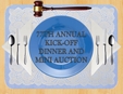 Light Wood Background, Blue Place Setting with White Lace, Centered Blue Plate, Silverware on White Napkins to Left and Right of Plate, Gavel at Top of Picture, Text: 77TH Annual Kick-Off Dinner And Mini Auction